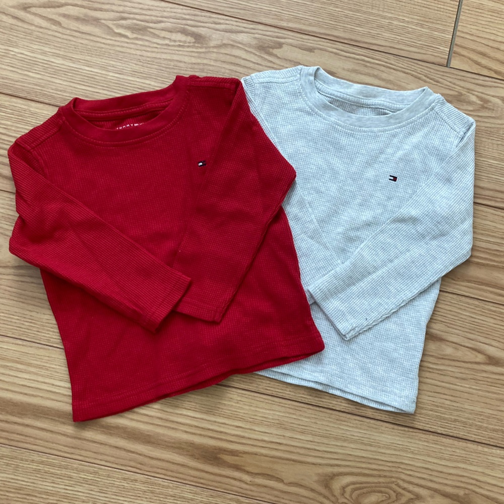 NWOT bundle Tommy Hilfiger Kids Red and Gray waffle knit Long Sleeve shirts